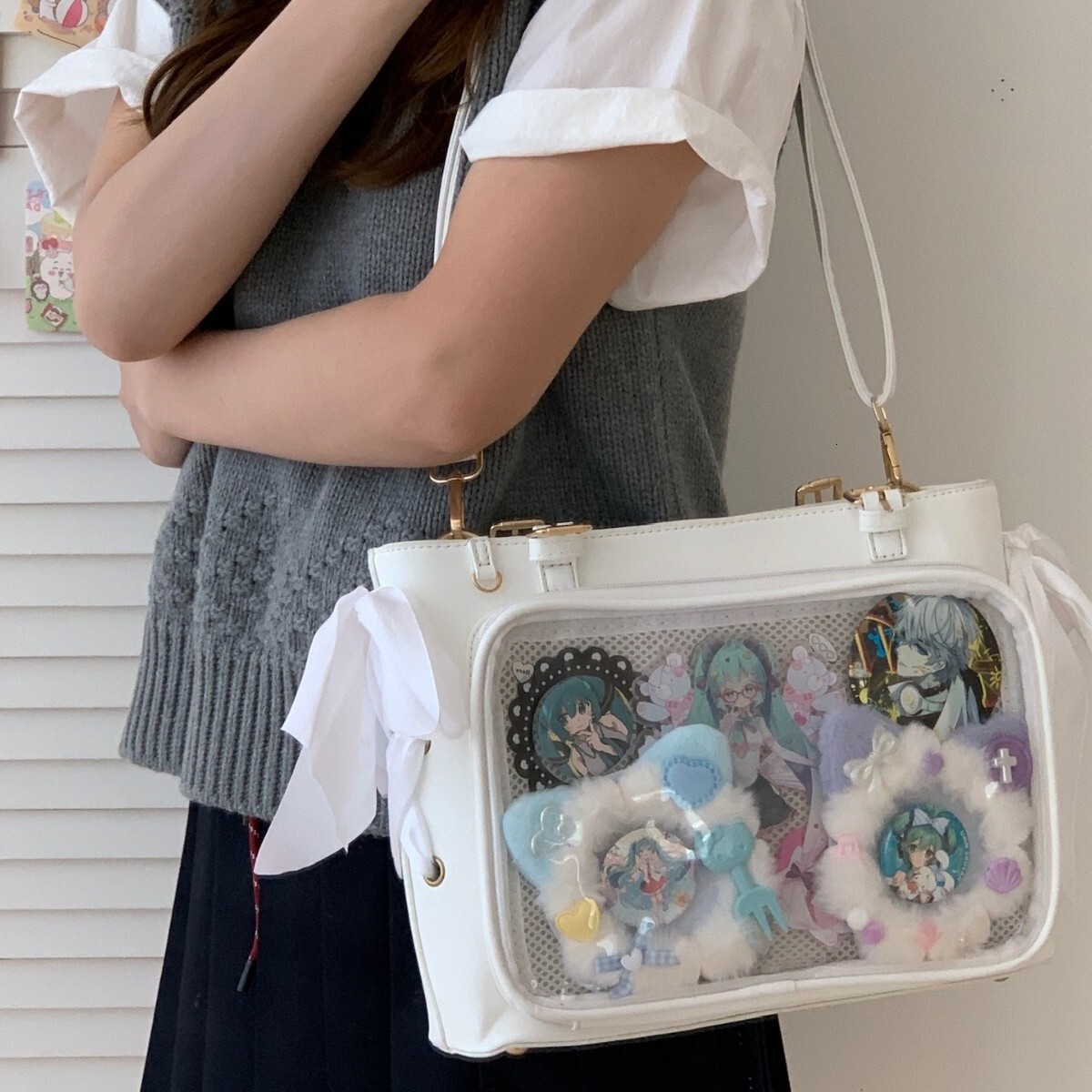 Free shipping designer Style Original Anime Female Bag with Raw Silk Ribbon Transparent Pain Bag for Going Out Shopping Casual Versatile Shoulder Bag 