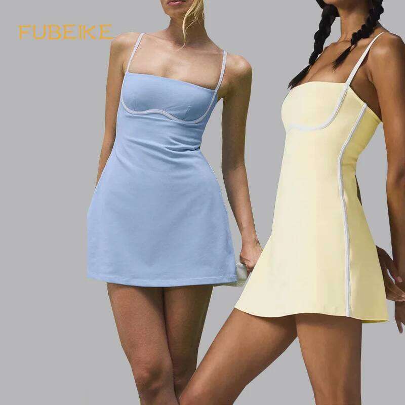 FUBEIKE Yoga Women's Contrast Color With Chest Pad Anti-Exposure Bottom Shorts Exercise Workout Training Tennis Dress