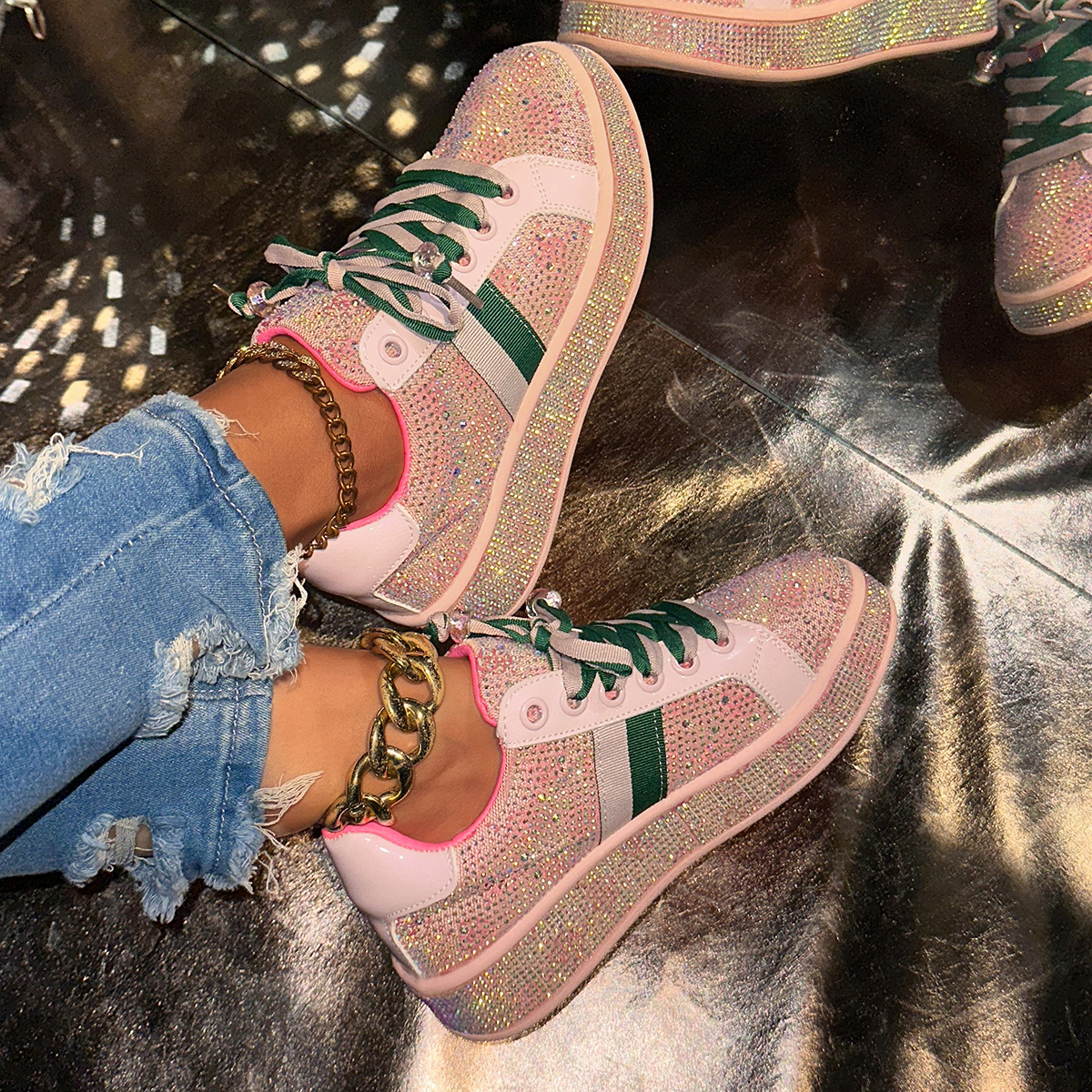 Fashion Sneakers Women Trend 2025 New Spring Autumn Platform Lace Up Rhinestone Women Casual Shoes Fashion Shiny Ladies Shoes High end luxury designer