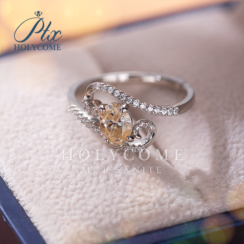 Elegant Oval Champagne Moissanite Rings Women Full Paved Dazzling 1ct Diamond 925 Sterling Silver Lady Rings Wedding Jewelry for Gift