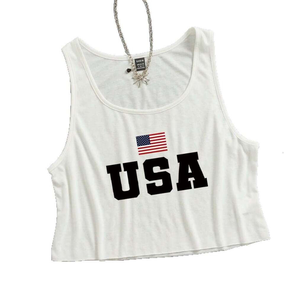 American Style Striped Star Flag USA Print Crew Neck Short Sleeve T-Shirt For Women Versatile Slim Fit Waist-Revealing Crop Top B5