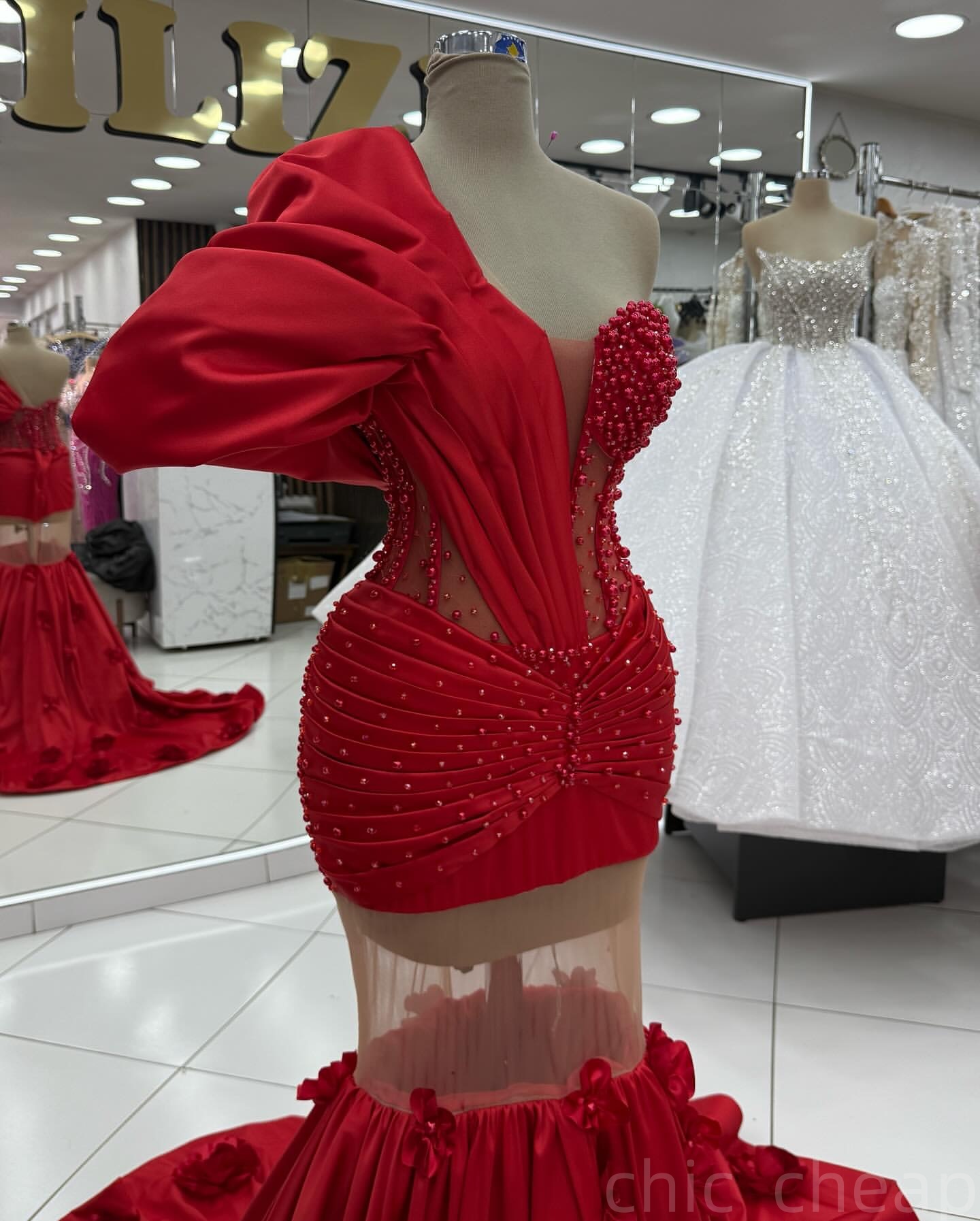 Red Mermaid Prom Dresses 2025 Pearls Beaded Flowers Satin One Shoulder Evening Formal Party Second Birthday Engagement Gowns Plus Size Dress For Speci