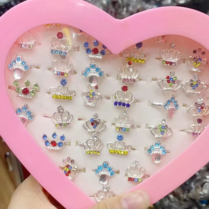 5/10/36Pcs Cute Cartoon Kids Rings Kawaii Korean Children Girls Enamel Flower Crown Finger Ring Child Jewelry 250624