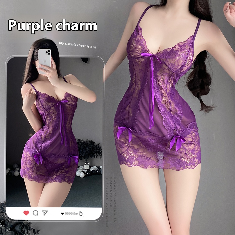 Sexy and pure desire camisole nightgown - erotic lingerie lace see through purple no take off uniform temptation set 8225