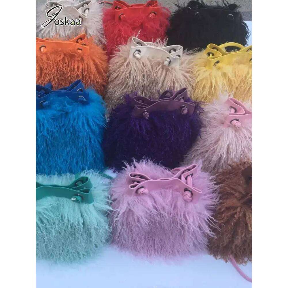 Joskaa Fashion Long Bucket Women Mongolian Sheep Bag Beach Faux Wool Fur One Shoulder Sling Handbag