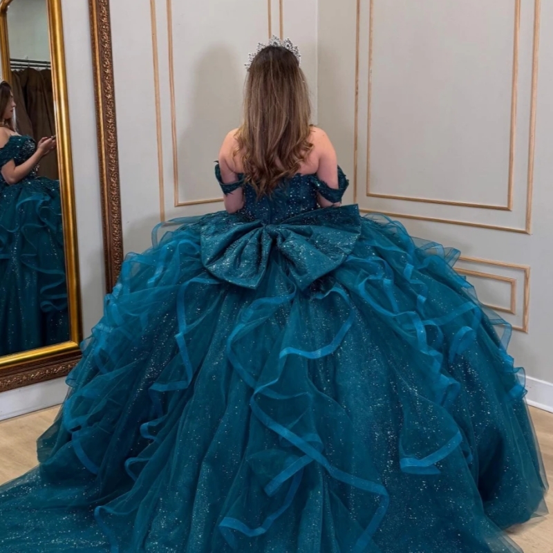 2025 Blackish Green Quinceanera Dresses Ball Gown Lace Applique Beading Ruffles Bow Tull Sweet 16 Dress Vestidos De 15 Anos