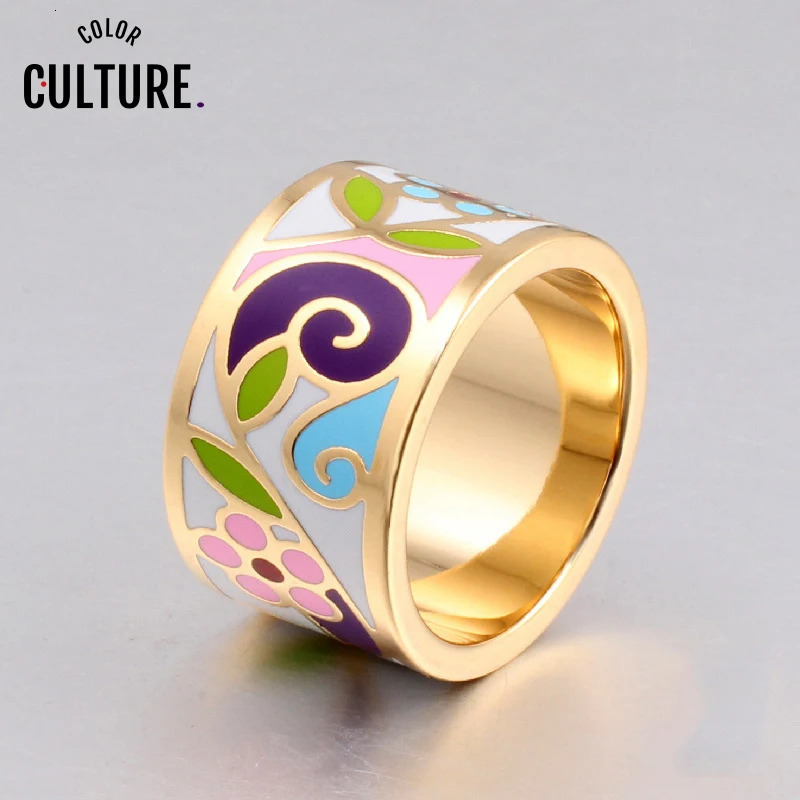 Color Culture Arrival Flower Enamel Gold-Color 1.3CM Big Rings for Women Ethnic Stainless Steel Jewelry Mother Gift 250624