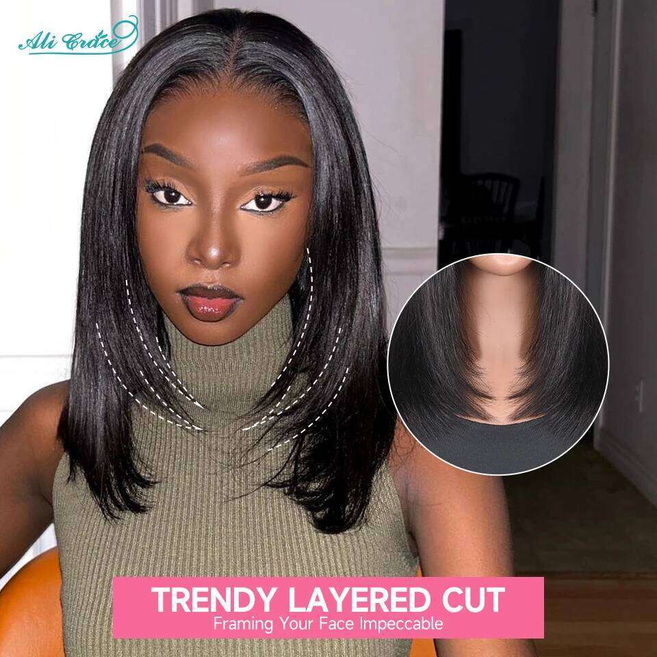 Ali Grace New Trendy Layered Cut Straight Human Hair Wigs Short Natural Color 5x5 Lace Closure Wig for Women