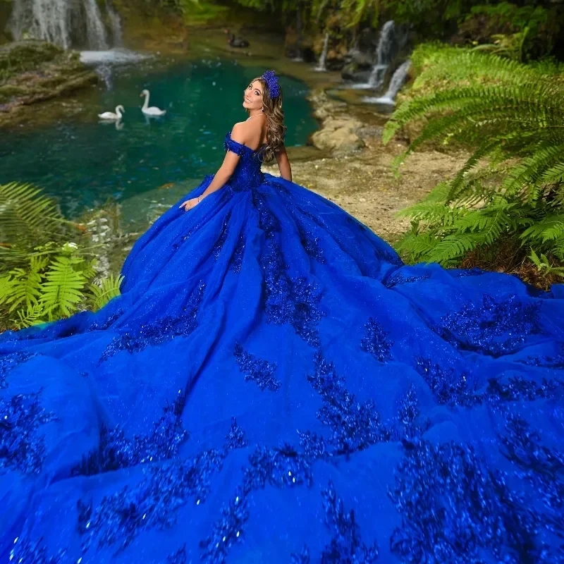 Royal Blue Shiny Quinceanera Dresses Applique Lace Beads Off Shoulder Tull Sweet 16 Dress Vestidos 15 De Anos