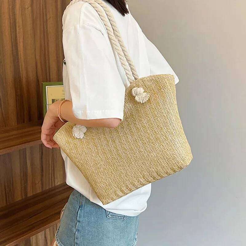 2025 New Design Women Raffia Large Capacity Tote Handbag Summer Beach Vacation Bohemian Shoulder Bag