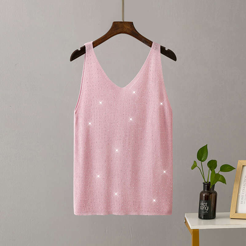 2023 Summer New Ice Silk Knitted Camisole with Shiny Thread Rhinestones, V-neck, Solid Color, Slim Fit, Sexy and Fashionable Tank Top