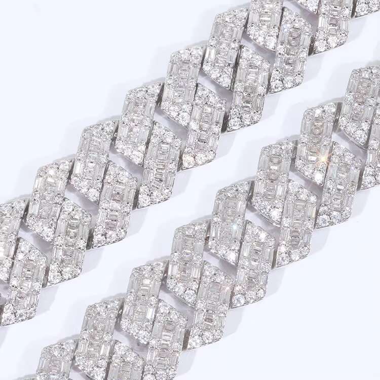 Yu Ying 14mm Baguettes VVS Moissanite Diamond Solid Silver Necklace Cuban Link Chain for Hiphop Jewelry