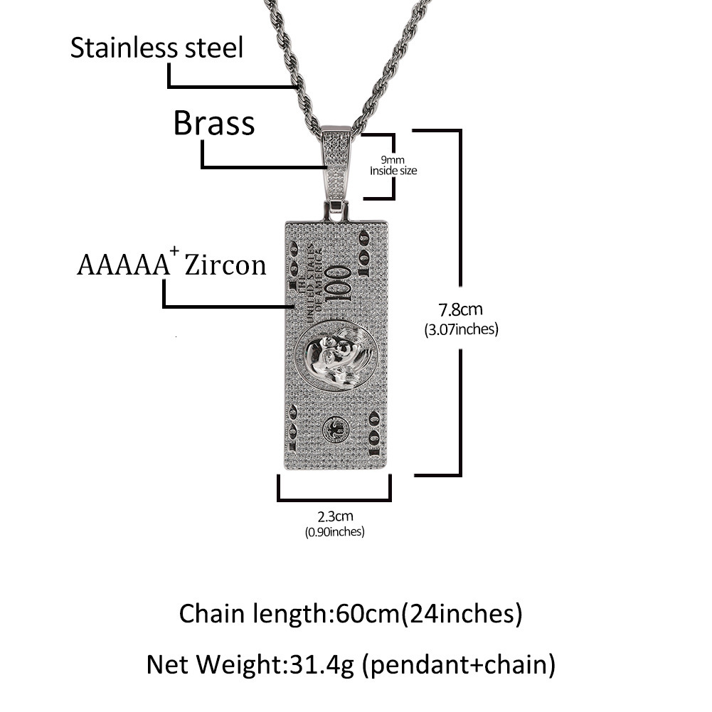 Mens US Dollar Bill Pendant Necklace Niche Personalized Rap Trend White Gold Iced Out Zirconia Money Cash Collar Hip Hop Rapper Jewelry Accessories Bi