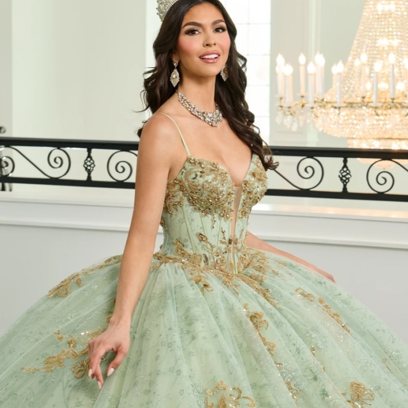 2025 Sage Quinceanera Dresses Ball Gown Gold Lace Applique Beaded Crystal Tull Bow Corset Sweet 16 Dress Vestido De 15 Anos