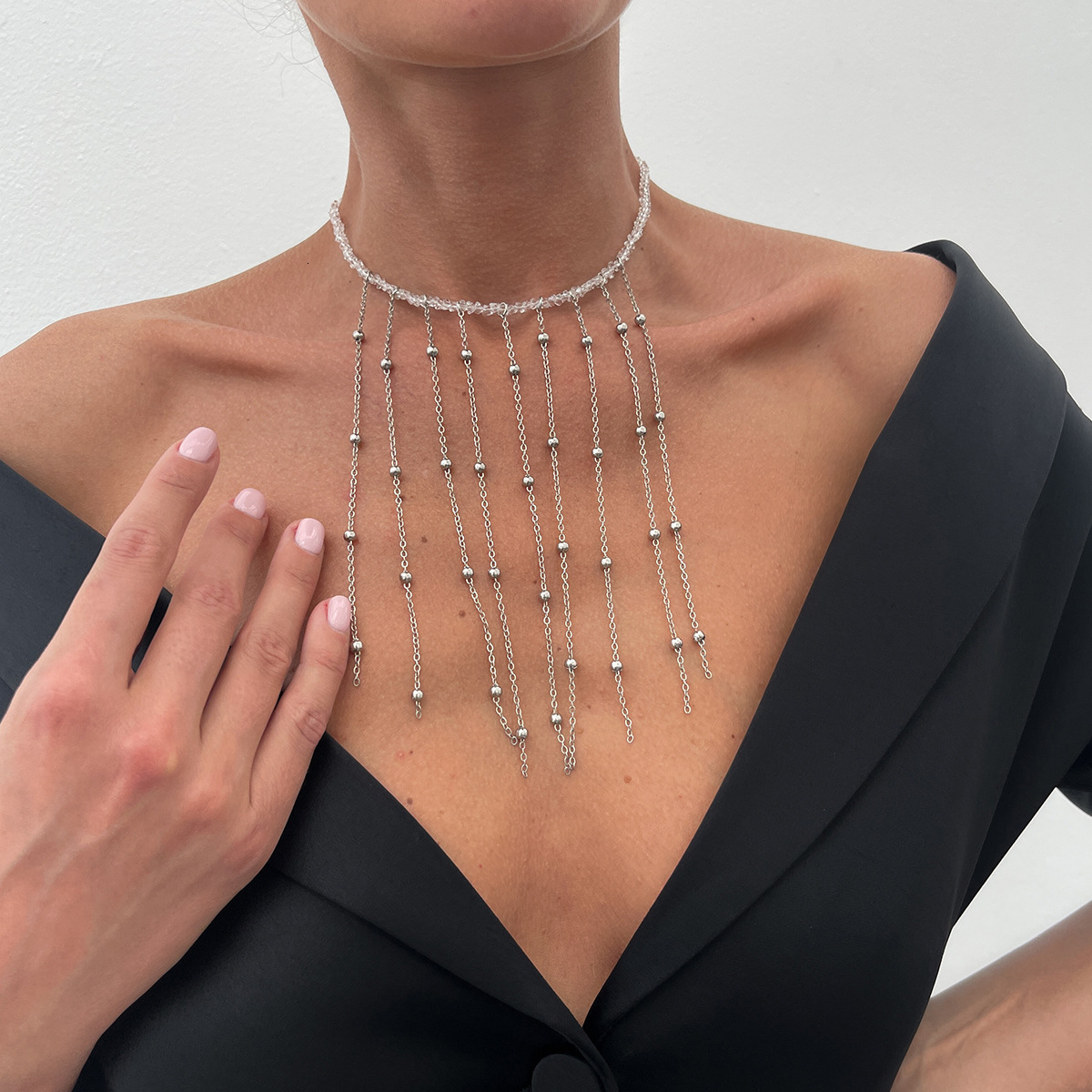 Cross Pendant Clavicle Chain Simple Elegant Imitation Pearl Crystal Tassel Necklace for Women