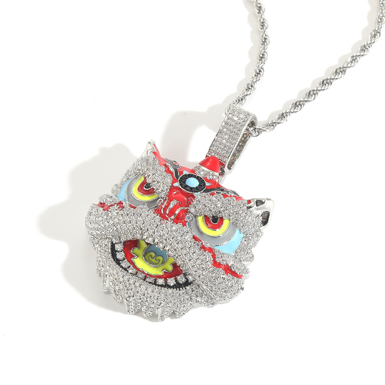 New Moissanite Hip Hop Colorful Lion Head Pendant Necklace Diamond Studded Fashionable Lion Dance Accessory Pass the diamond tester