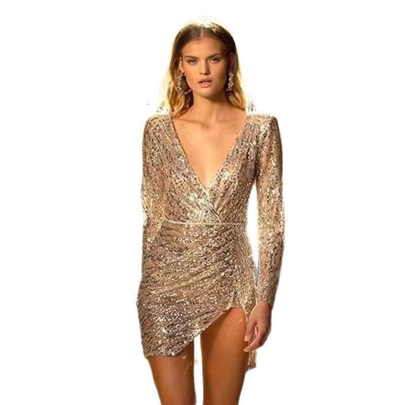 New Sequin Elegant Commuter V-neck Mid-waist Nightclub Host Banquet Long Evening Gown Dress