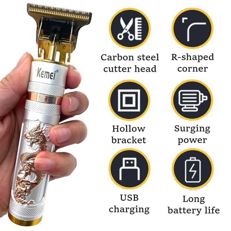 Kemei Vintage T9 0MM Electric Cordless Hair Cutting Machine Professional Hair Barber Trimmer Men Clipper Shaver Beard Lighter XJ250624