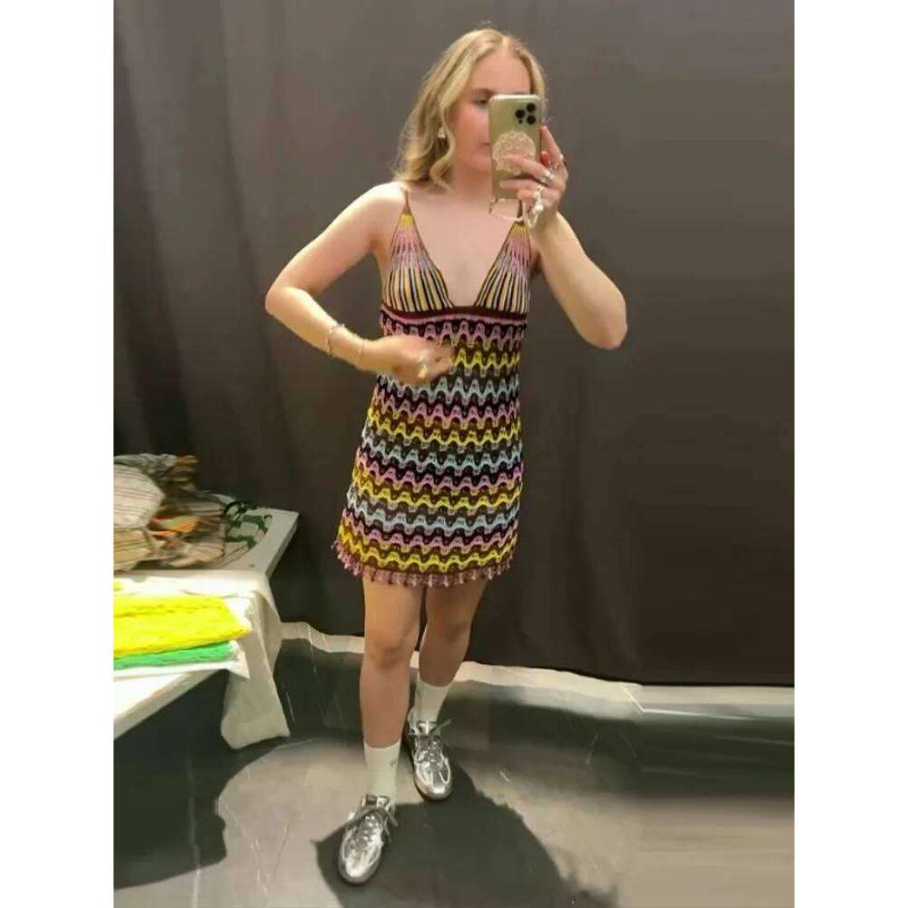 Casual Knitted Color Contrast Women's Dresses Chic V Neck Sleeveless A-line Female Robes 2025 Summer New Holiday Lady Vestidos