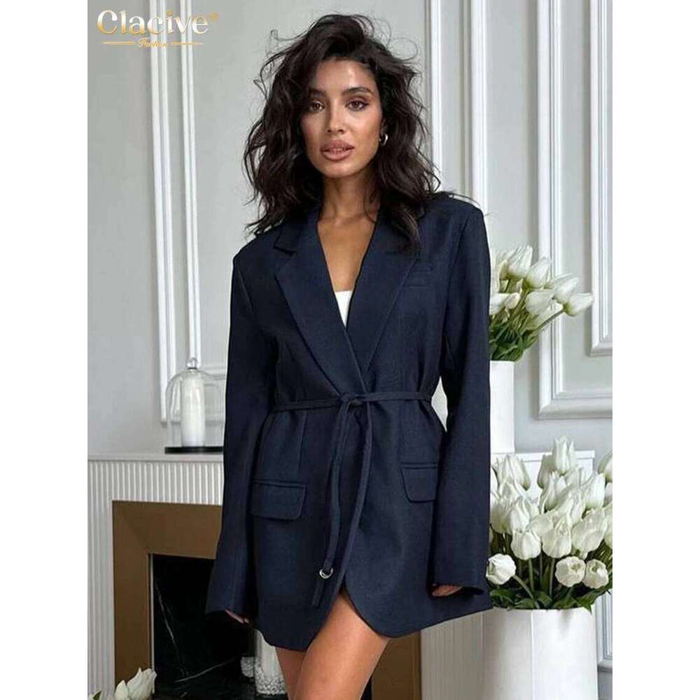 Clacive Fashion Loose Blue Office Women Blazer 2025 Elegant Lapel Long Sleeve Blazers Casual Classic Lace-Up Top Female Clothing