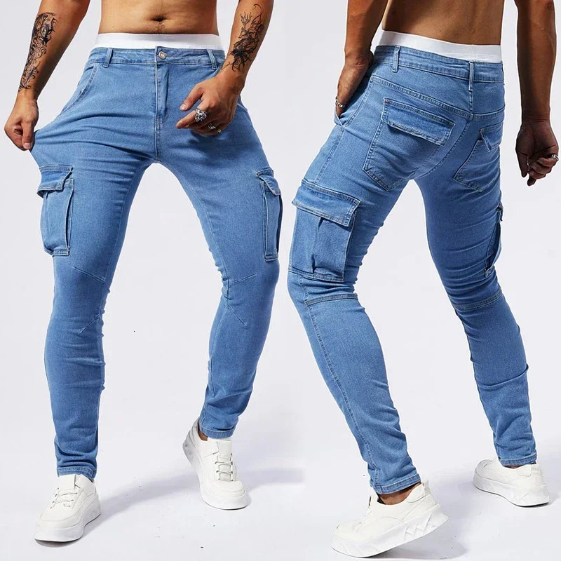 2025 Men Street Elastic Denim Jeans Multi Pockets Cargo Pants Casual Slim Denim Trousers Fashion Y2k Joggers Baggy Man Pants 250624