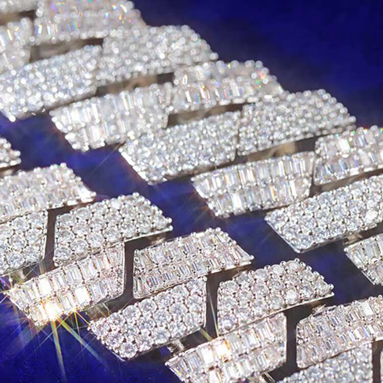 Heavy Luxury Custom Baguette Moissanite Sterling Silver 925 Plated 18k Solid White Gold Cuban Link Chain