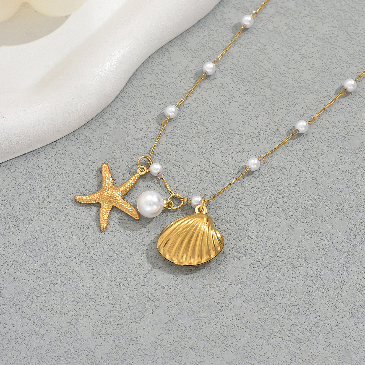 Beach Style Jewelry Ocean Series Women's Long Shell Starfish Necklace Pearl Choker Chain