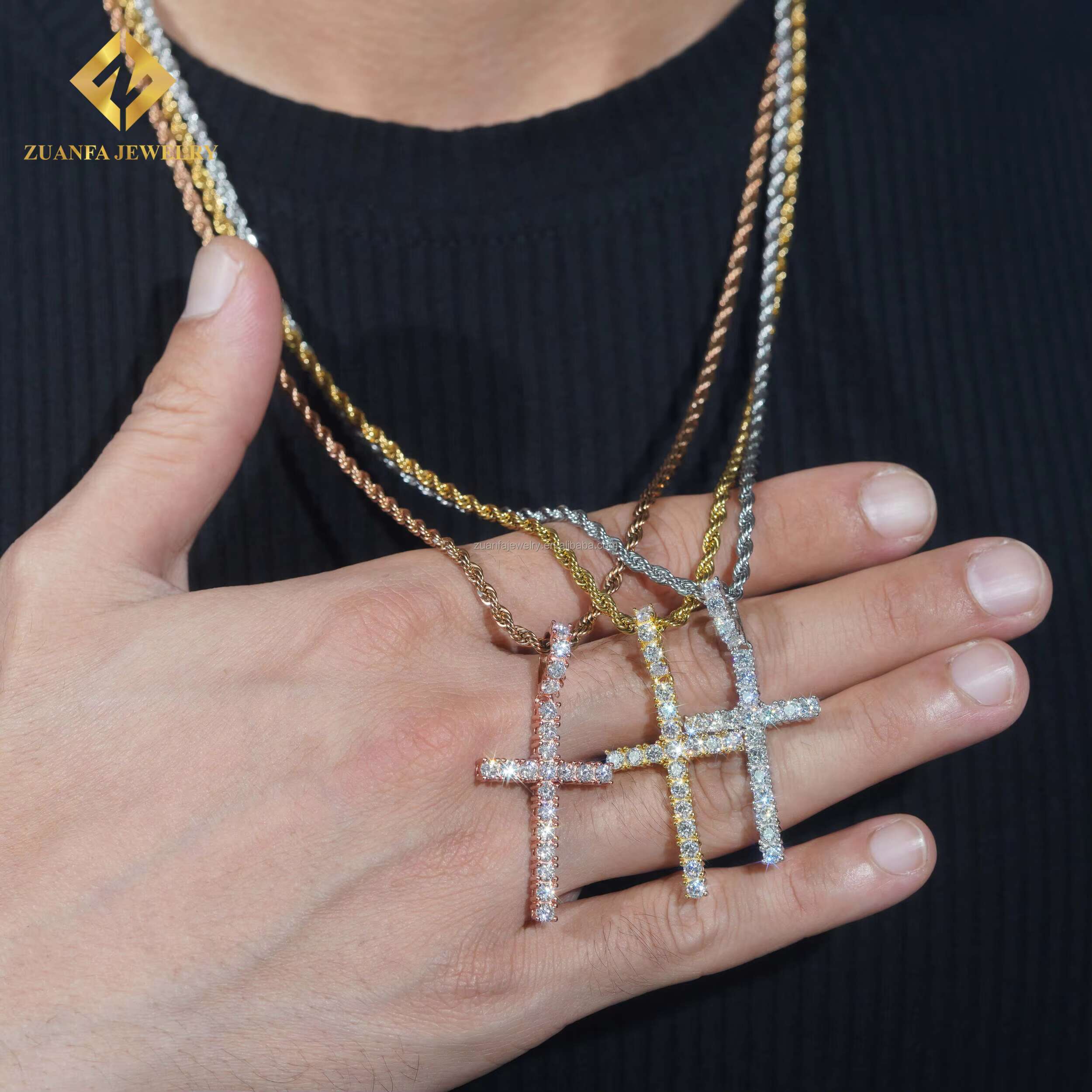 New Arrivals Bulk Stock Cross Pendant Moissanite Diamond Pendants Set Fire Jewelry Hip Hop 925 Sterling Silver Iced Out