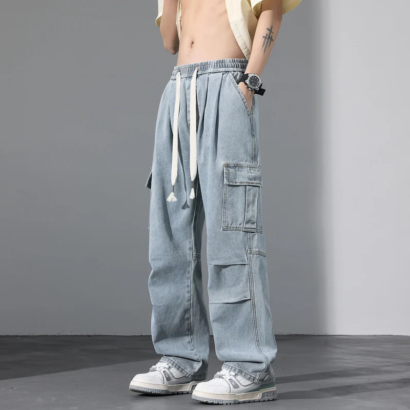 Large Pocket Baggy Jeans Mens 2025 Spring Classic Straight Denim Trousers Street Y2K Elastic Waist Casual Cargo Pants 250624