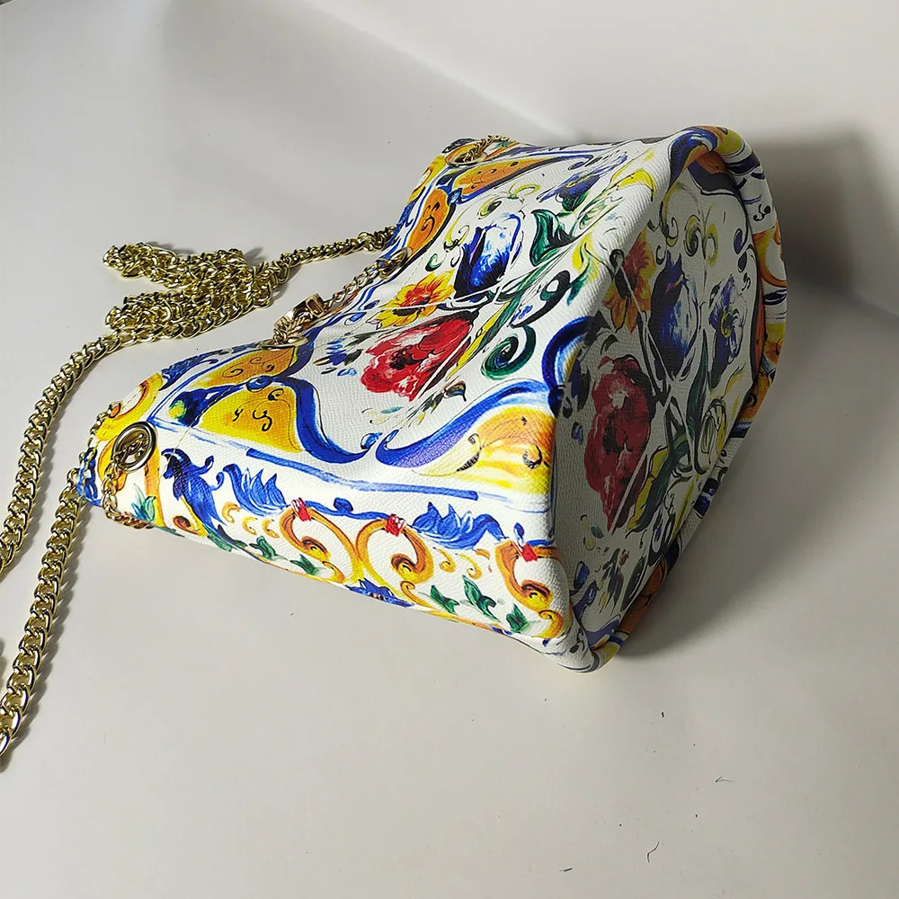 French Niche n Color Printed Bag Womens Summer Handheld Bucket Chain Crossbody Bag 250624