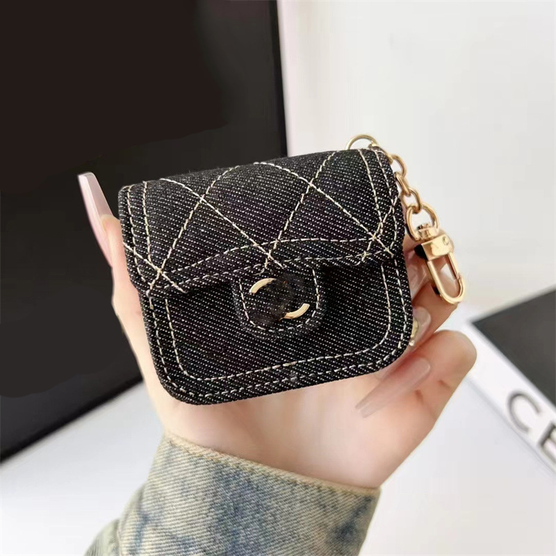 Luxury canvas Bag For AirPods Earphone Case cc logo designer Bluetooth Headset Charging Box Cover universale denim bag pendant key ring