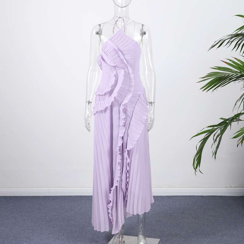 Ruffle Neck Halter Strap 2025 Spring New Socialite Style Multi-layer Long Dress