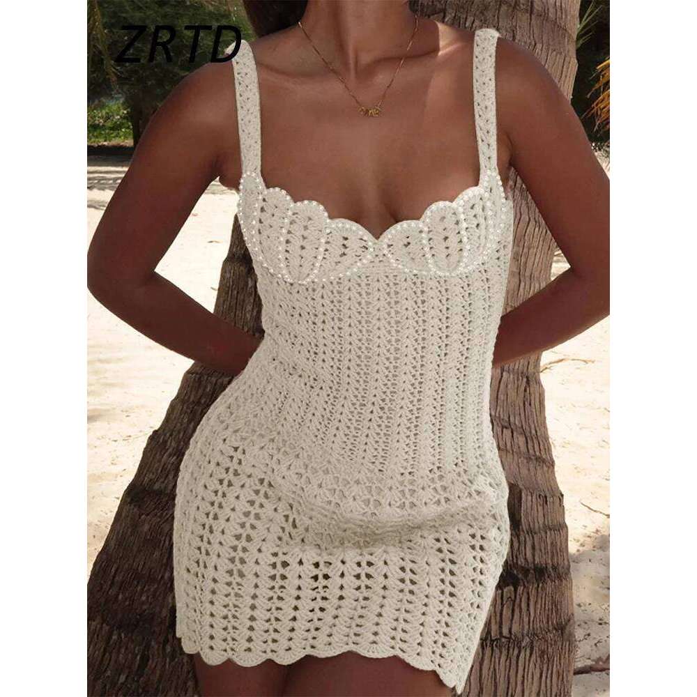 Sexy Knit Short Hollow Out Beach Dress Pearls V-Neck Sleeveless Female Sling Dresses 2025 Spring Summer Lady Vacation Vestidos