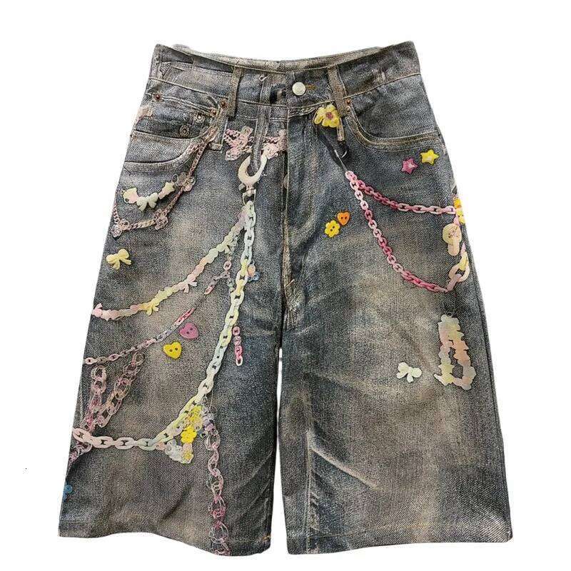 DEAT Fashion Colorful Chain Print Worn Denim Short Pants For Women High Waist Straight Leg Pant Female Trendy New Items 11A04379