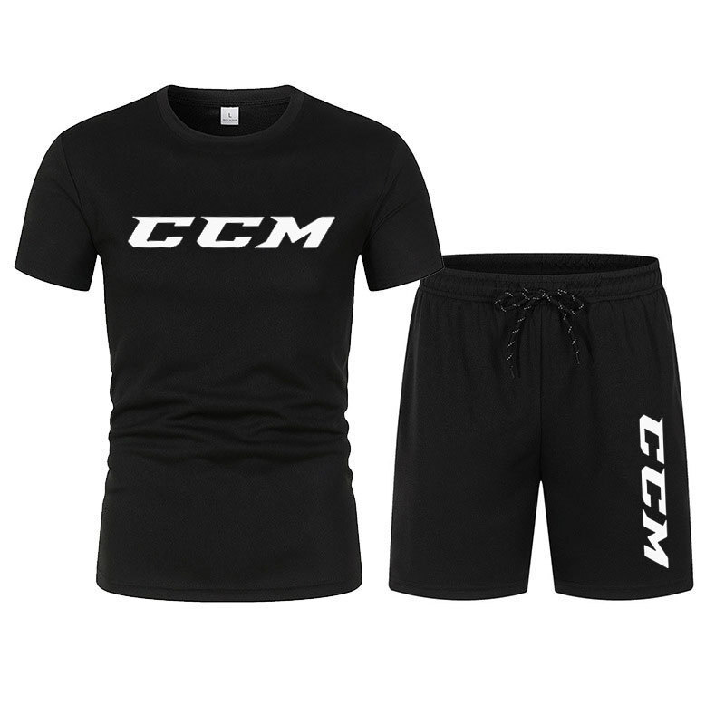 Designer's set: Men's summer sport quick-drying set, short-sleeved mesh T-shirt, two-piece set, loose and decorated with CCM print