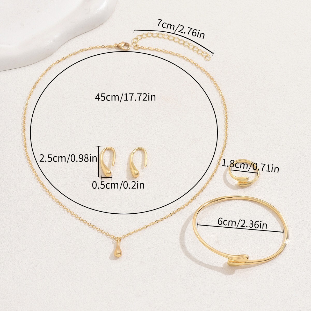 Minimalist Fresh Korean Style Earrings Necklace Jewelry Set For Women Water Drop Design Ring Personality Adjustable Open Bracelet