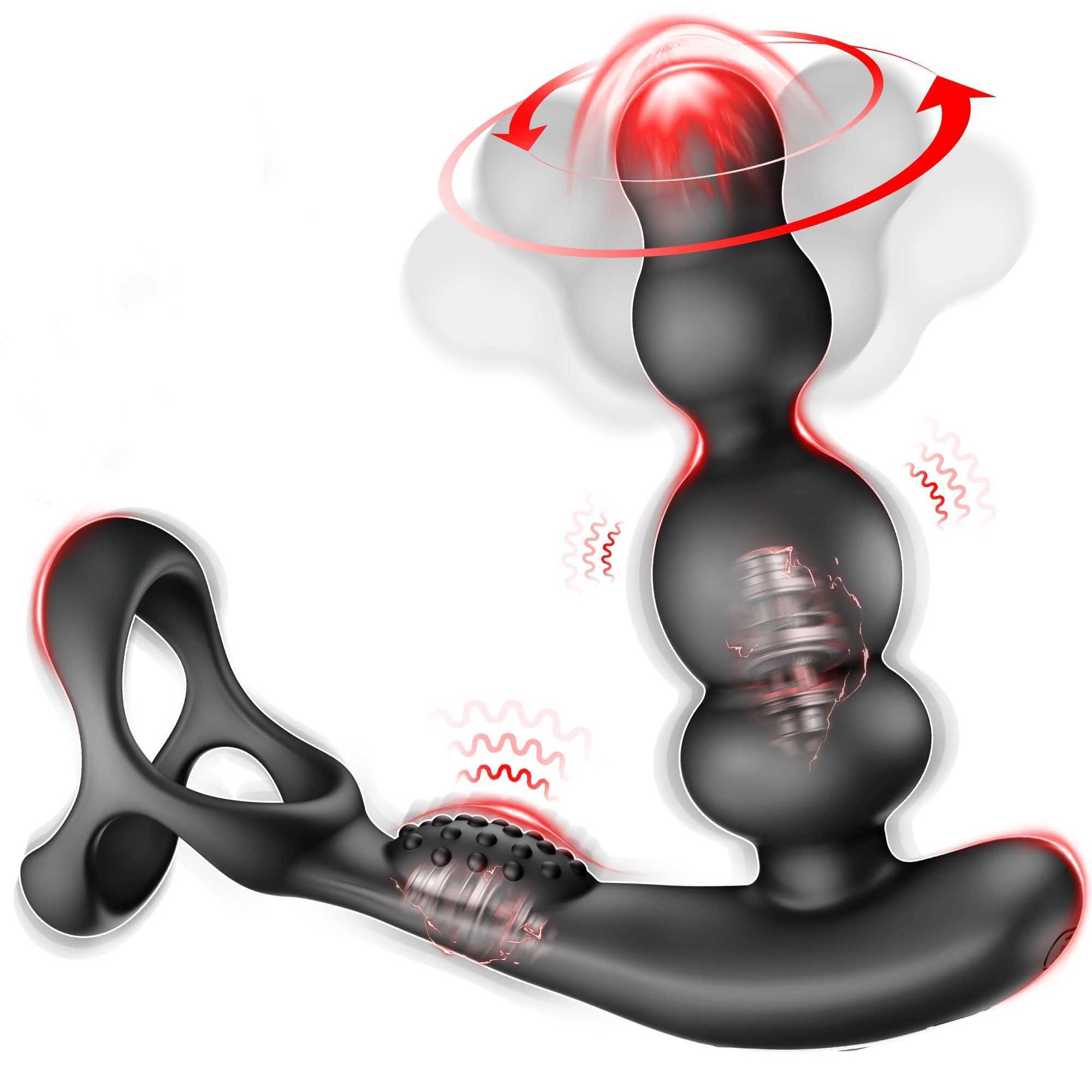 Anal Vibrator 360 Rotate Anal Beads Male Prostate Massager with Cock Ring Wireless Control Vibrating Butt Plug Sex Toys for Men W250624