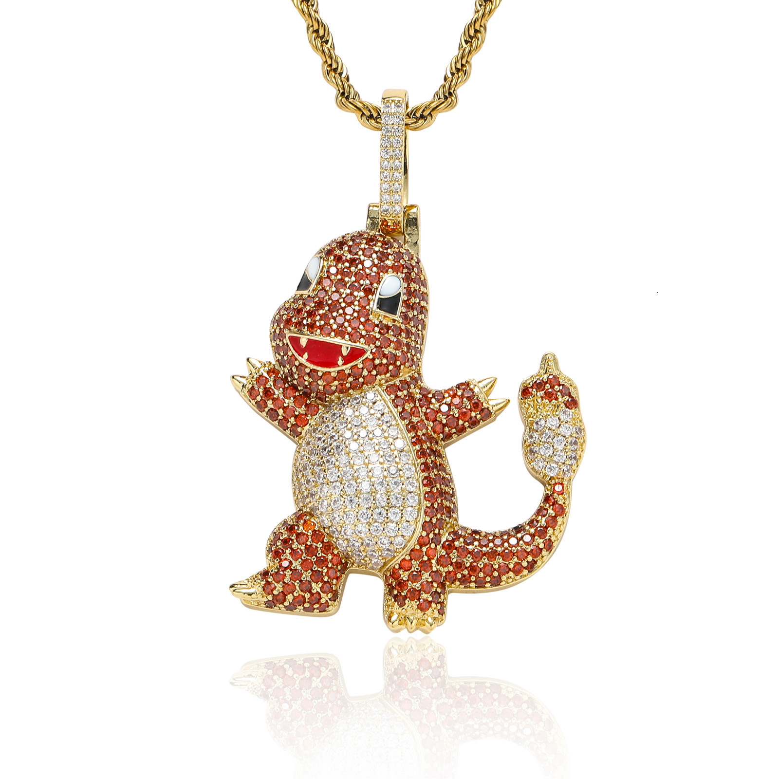 New Style Cartoon Charmander Pendant Ice Out Colorful Zircon Versatile Hip Hop Moissanite Necklace Pass the diamond tester