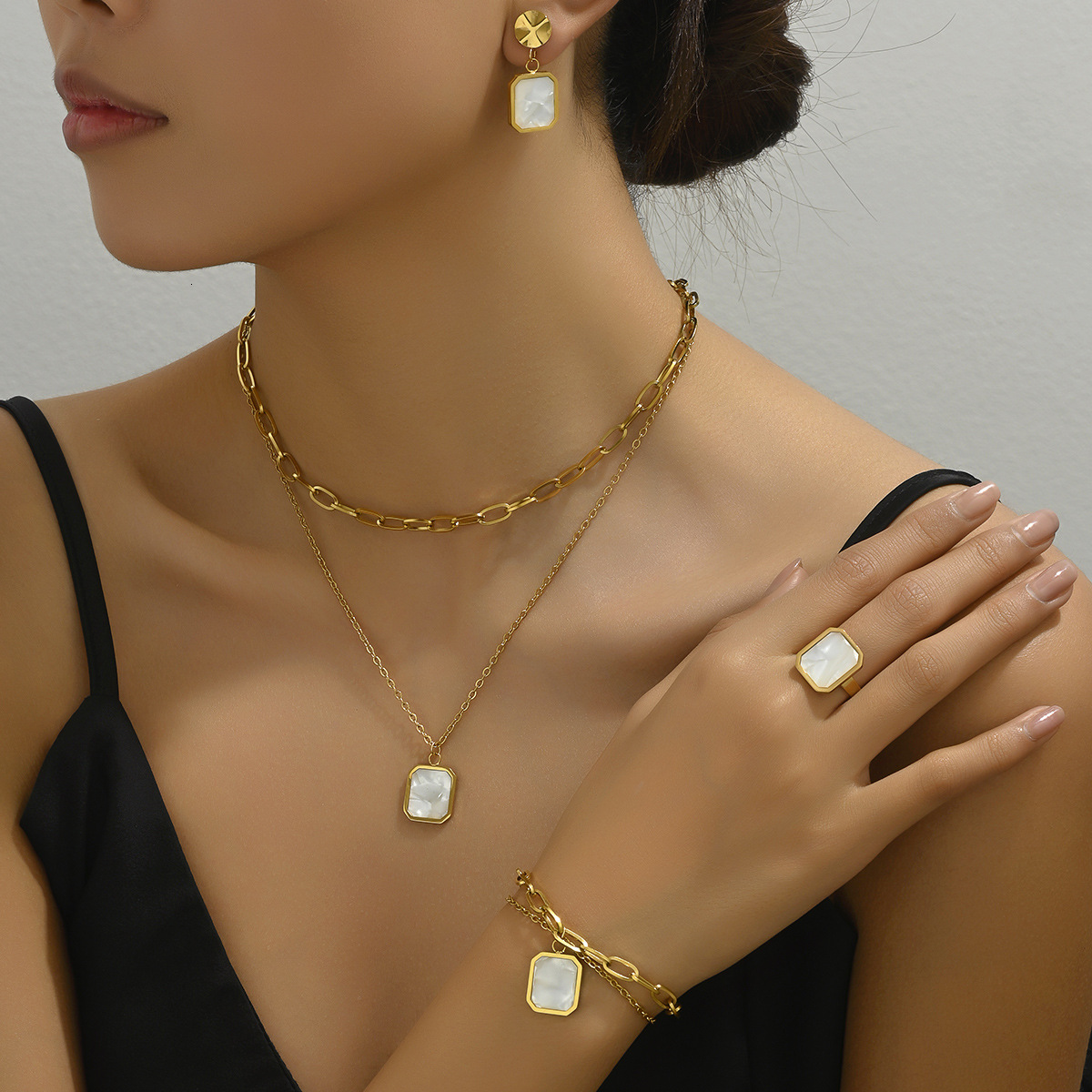Light Bracelet Necklace Earrings Jewelry Personality Inlaid Shell Design Index Finger Ring Double Layer Clavicle Chain