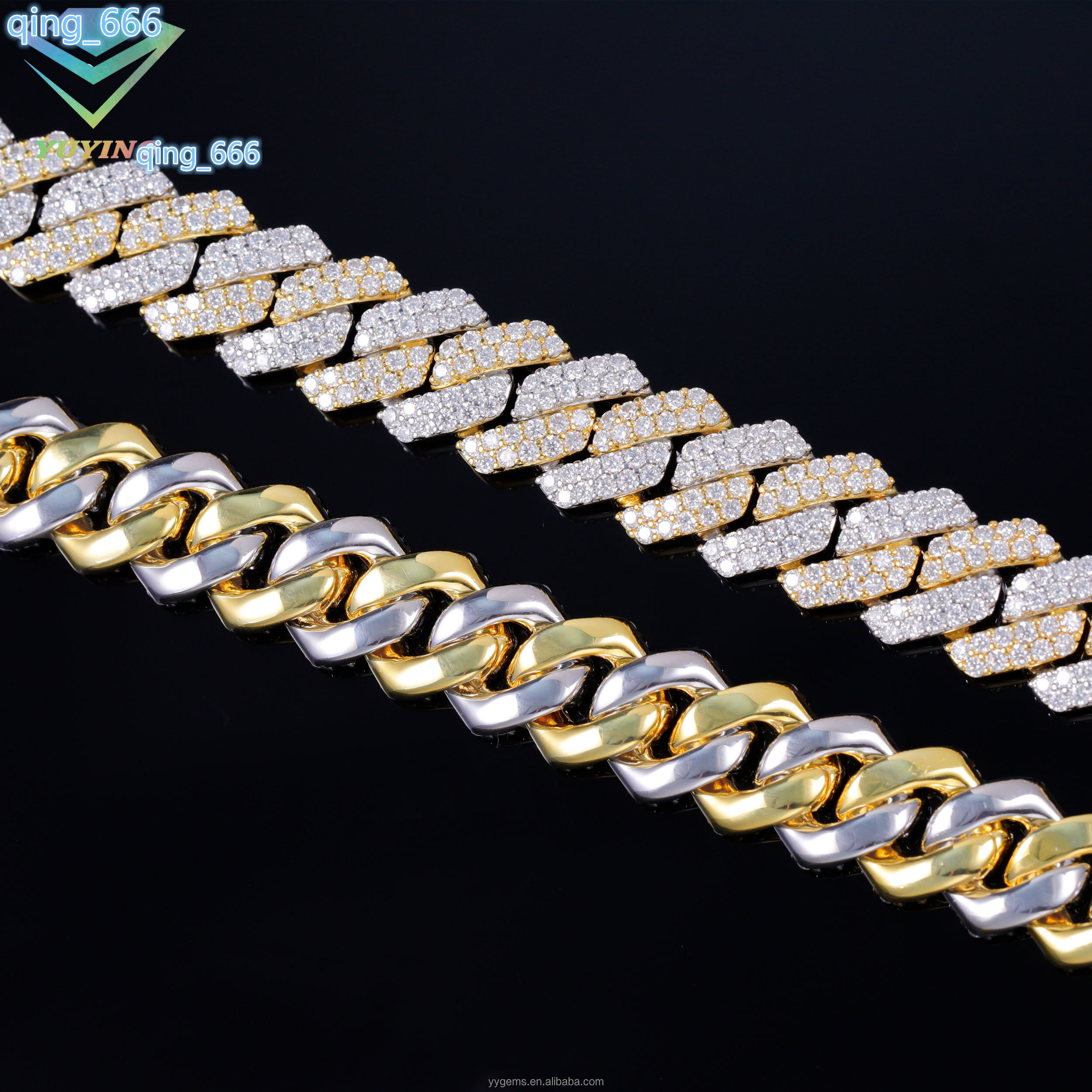 Yy New Design 14 mm 2 Tones 2rows Diamond Cuban Link Chian Iced Out Vvs Moissanite 925 Silver Fine Jewelry Necklaces for Men