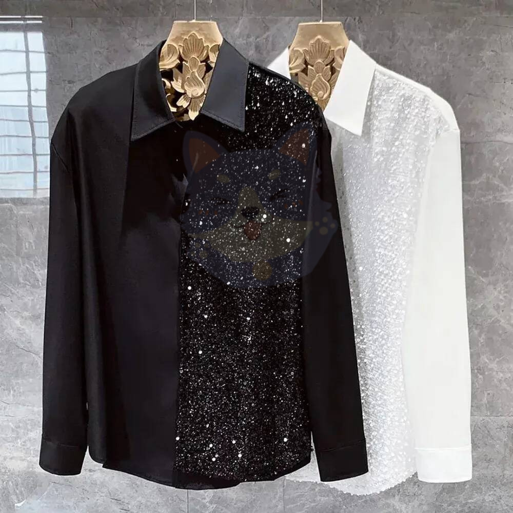 Mens Long Sleeve Shirt Fashion Nightclub Party Sequin Shirt Trend Stitching Button Shirt Unisex Lapel Solid Color Blouse 1af cb7