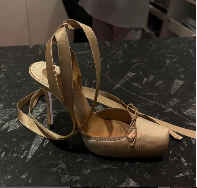 Fashion Square Toe Lace Up Heels Smooth Satin High Heel Stiletto Sandals Women Dancer Ballet Shoes 250624