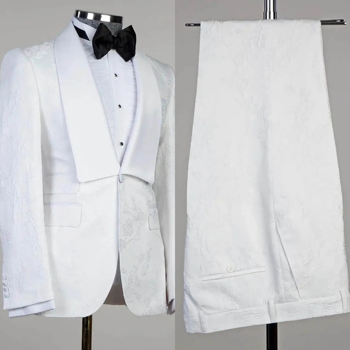 Elegant White Wedding Tuxedos Jacquard 2 Piece Set Jacket Pant Men Suit Classic Shawl Lapel Groom Wear Party Suits Customized