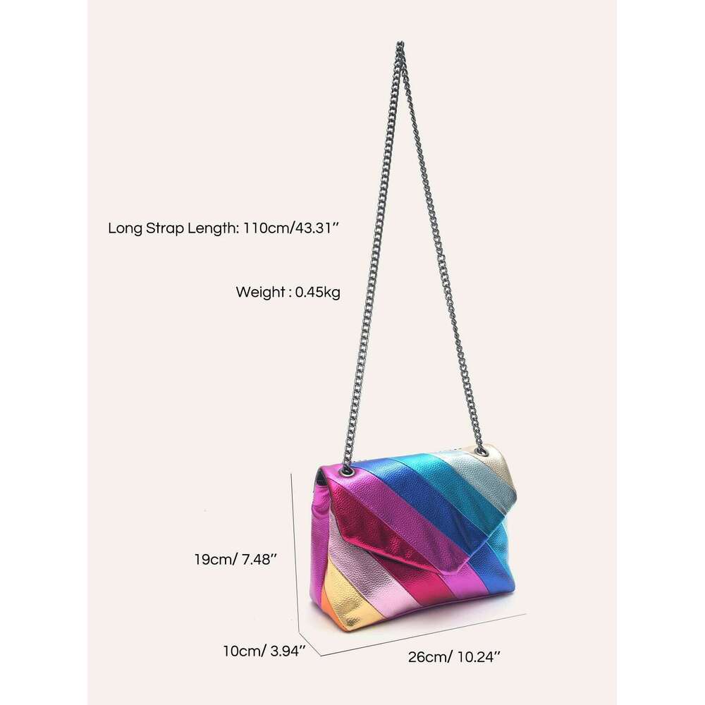 CEZIRA Metallic PU Leather Flap Shoulder Bag For Women Colorful Stripes Patchwork Chain Cross Body Handbag Daily Casual