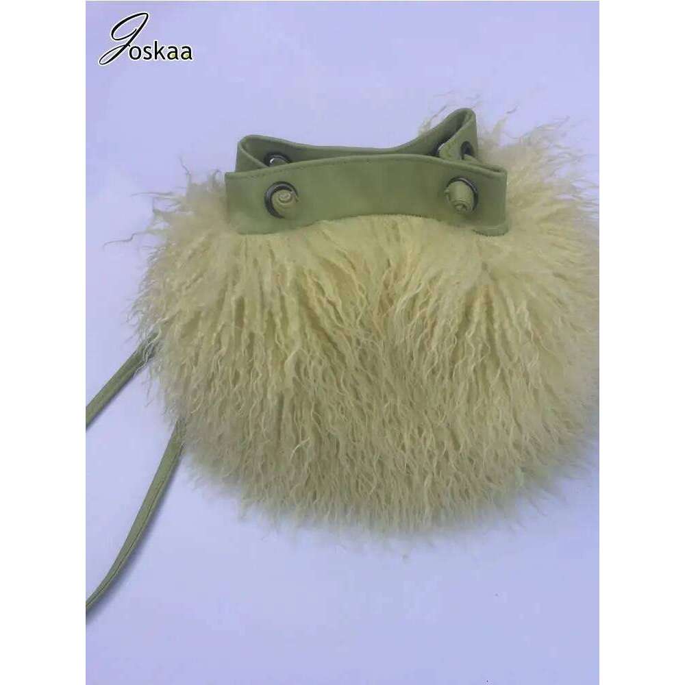 Joskaa Fashion Long Bucket Women Mongolian Sheep Bag Beach Faux Wool Fur One Shoulder Sling Handbag