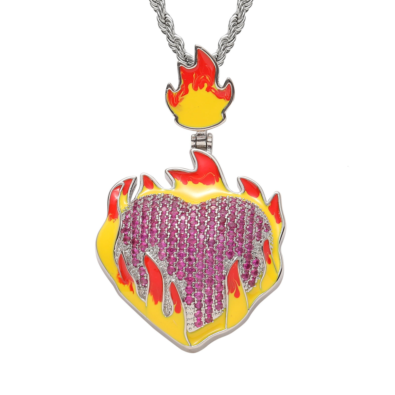 Hip Hop Burning Heart Necklace Ice Out Red Diamond Couple Style Unisex Trendy Moissanite Bling Pendant Pass the diamond tester