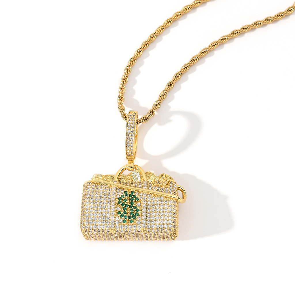 New Arrival Moissanite Necklace with Diamond encrusted Hip Hop Dollar Pouch Pendant, Trendy and Stylish Pass the diamond tester