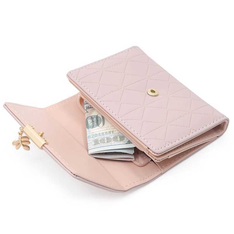 Autumn and winter new womens short wallet Japan and South Korea small fresh PU simple folding hardware leaf pendant three foldXJ250624