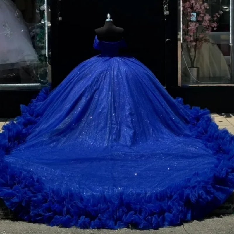 Royal Blue Shiny Quinceanera Dresses for 15 Years Old Off the Shoulder Beads Tull Tiered Sweet 16 Vestidos 15 De Anos