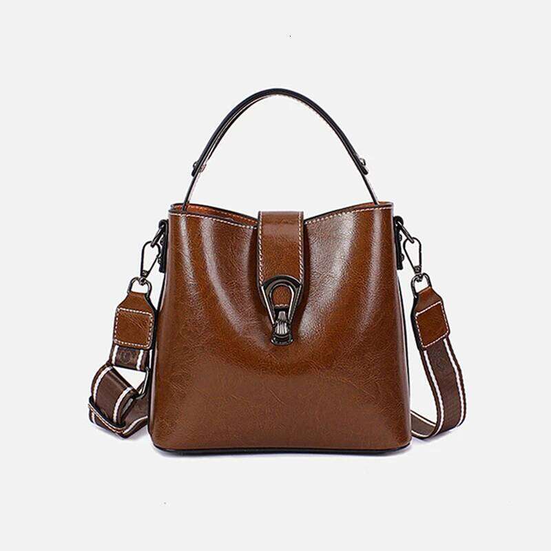 Burminsa Genuine Leather Bucket Small Shoulder Crossbody Bags For Women 2025 Trend Designer Wide Strap Oil Waxed Ladies Handbags